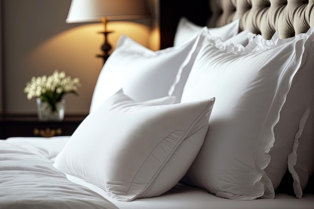 A cama no luxuoso quarto de hotel é feita com lençóis e travesseiros de algodão recém-passados