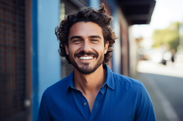 A camisa azul vibrante e o sorriso contagioso cumprimentam o grande ar livre