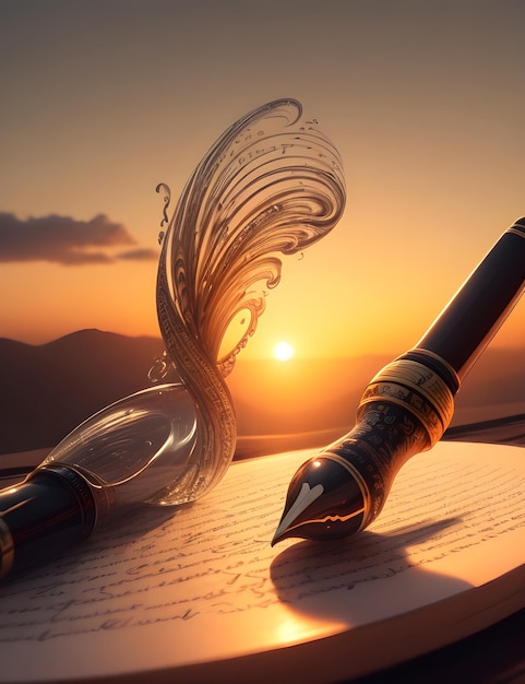 A caneta do escritor durante o pôr-do-sol Magia