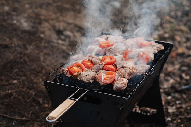 A carne de porco é grelhada em um churrasco em uma grelha com tomate e cebola