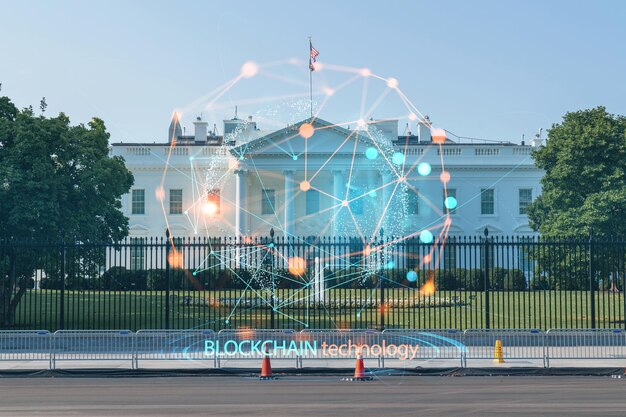 A Casa Branca em dia ensolarado Washington DC EUA Poder Executivo Administração do presidente Economia descentralizada Criptografia Blockchain e holograma de conceito de criptomoeda