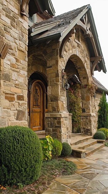 A casa é construída de pedra e decorada com belas portas de madeira.