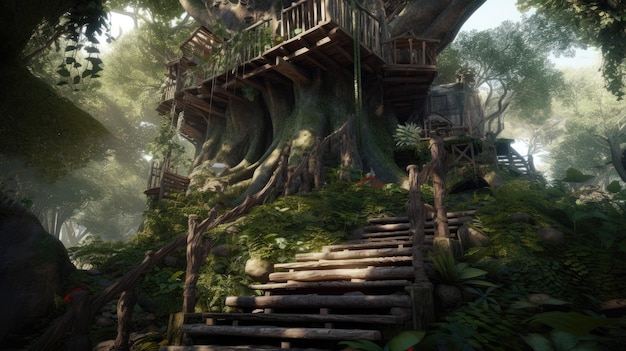 A casa na árvore de madeira vintage em uma grande árvore com escada em espiral na selva antiga Imagem generativa de IA AIG30