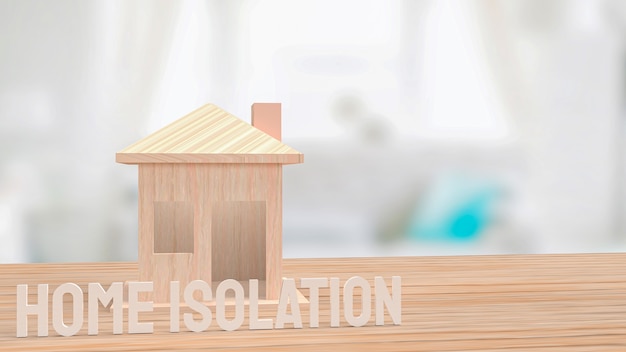 A casa na mesa de madeira para o conceito de isolamento doméstico renderização em 3d