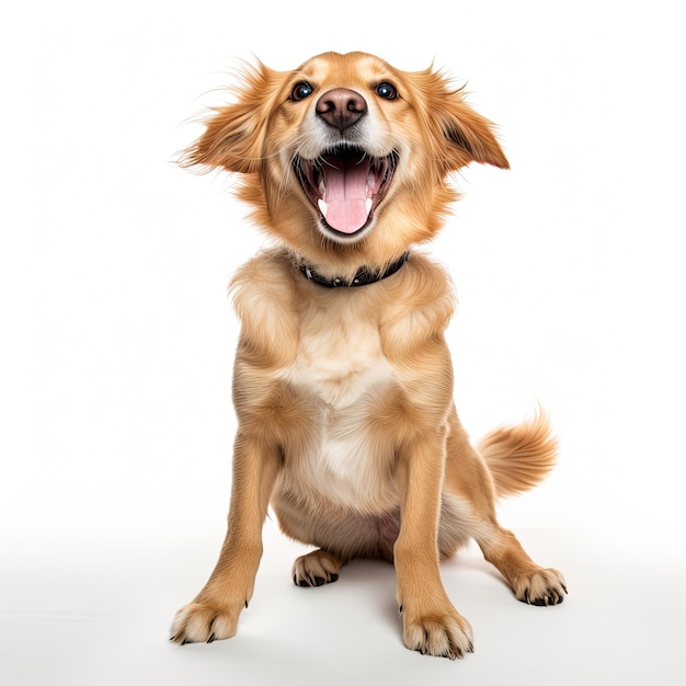 A cauda de cachorro fofa balança e pula alegremente sobre um fundo branco