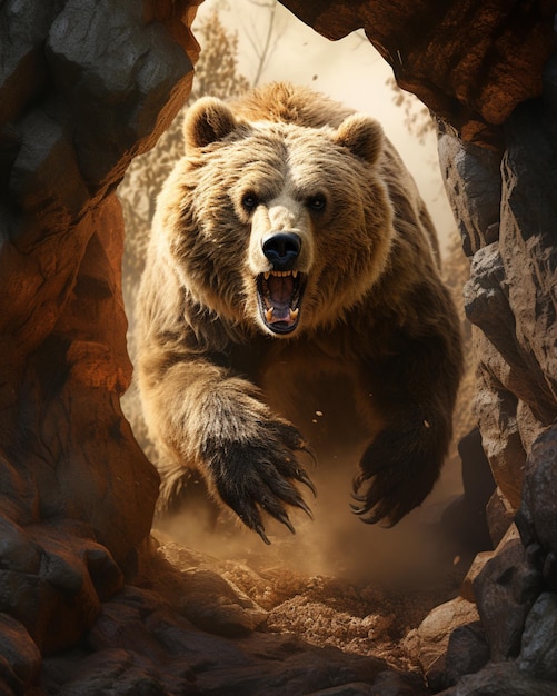 Foto a cave bear animal running angrily from the cave with open mouth generated ai photo
