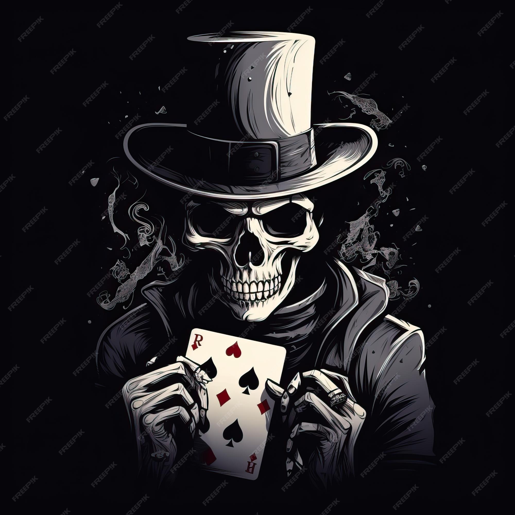 A caveira está usando um chapéu e jogando cartas no estilo do logotipo  retratos monocromáticos segurança