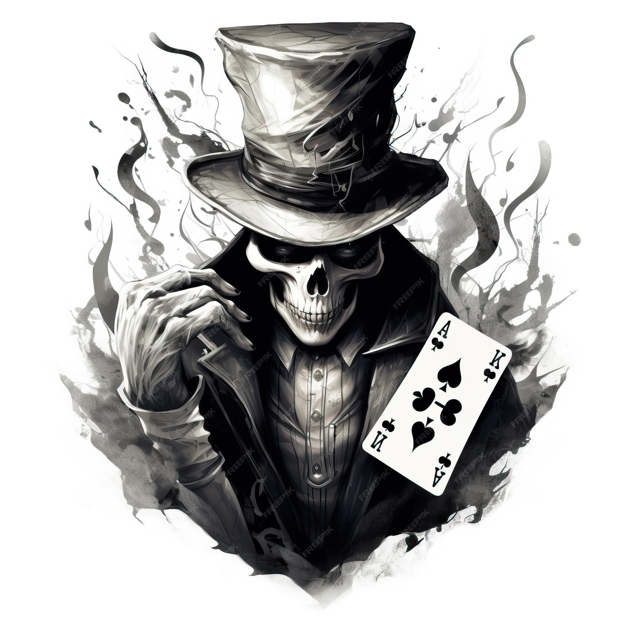 A caveira está usando um chapéu e jogando cartas no estilo do logotipo  retratos monocromáticos segurança