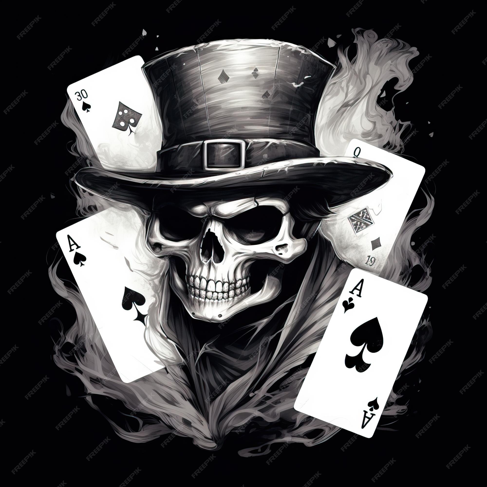 A caveira está usando um chapéu e jogando cartas no estilo do logotipo  retratos monocromáticos segurança