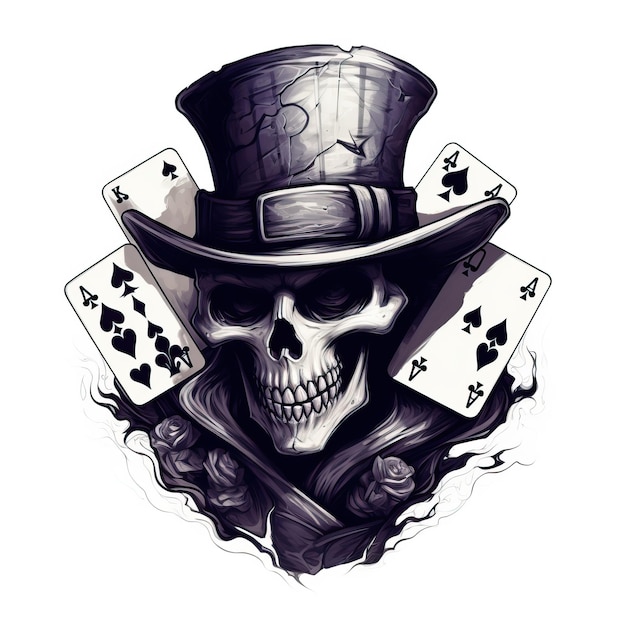 a caveira está usando um chapéu e jogando cartas no estilo do logotipo retratos monocromáticos segurança