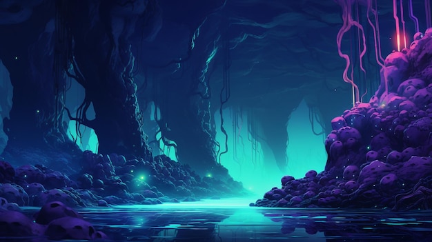 A caverna Neon Abyss RTX é uma arte altamente detalhada e realista gerada por IA