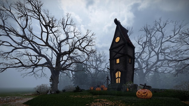 A cena da casa assombrada na floresta no Halloween