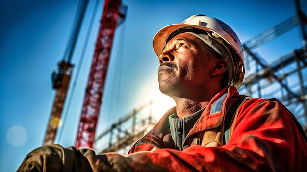 A cena destaca o foco do trabalhador em meio a um ambiente dinâmico de construção