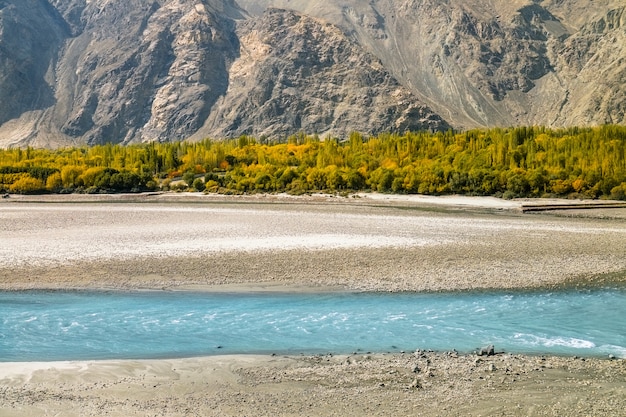 A cena do outono do rio do azul de turquesa flui no distrito de skardu. gilgit baltistan, paquistão.