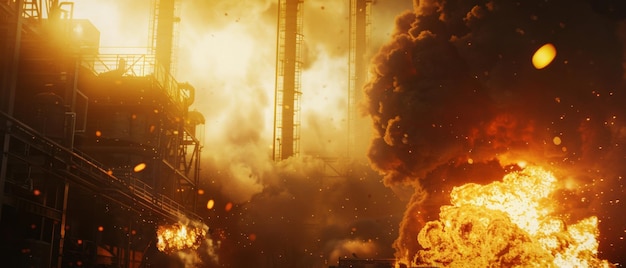 A cena explosiva captura o poder bruto de uma catástrofe industrial.