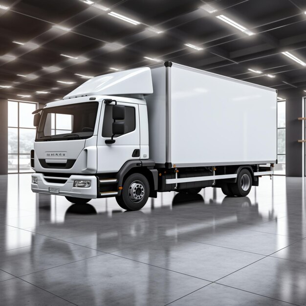 Foto a cena minimalista do camião de entrega branco contrasta com o piso industrial cinzento para as redes sociais.