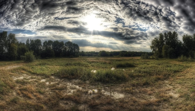 A cena tranquila ao amanhecer mostra a beleza da natureza gerada pela IA