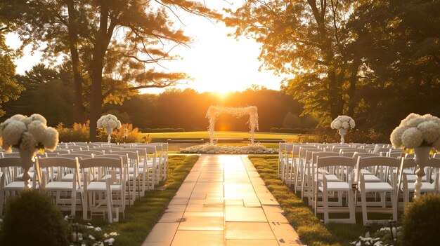 Foto a cerimônia de casamento é realizada em um belo cenário ao ar livre. o sol está a pôr-se, lançando um brilho quente sobre o evento.