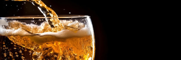 A cerveja é elegantemente derramada em um copo grande contra um fundo escuro Generative AI