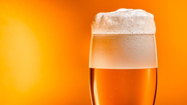 A cerveja lager acomoda-se no copo com uma tampa branca de espuma