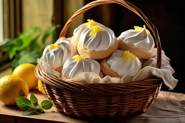 Foto a cesta na mesa de madeira contém merengue caseiro doce com claras de ovo, açúcar e limão.
