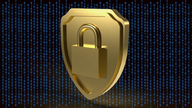 A chave mestra de ouro no escudo em fundo digital para renderização em 3d do conceito de segurança