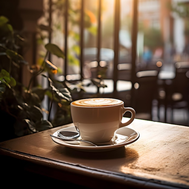 A chávena de café da manhã na mesa.