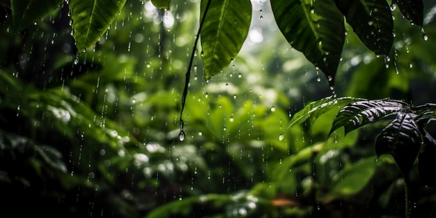 A chuva cai em uma floresta tropical com as gotas de chuva IA geradora