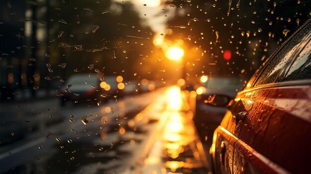 A chuva cai na janela com fundo desfocado da cidade e do trânsito