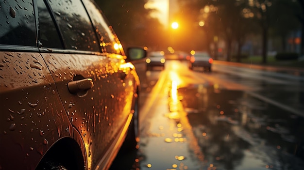 Foto a chuva cai na janela com fundo desfocado da cidade e do trânsito