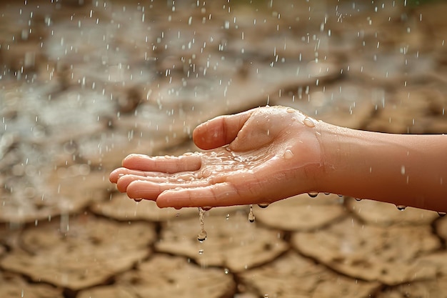 A chuva está caindo sobre uma paisagem seca e rachada e a mão de uma criança ficou cheia de alegria com a água da chuva caindo depois de um longo tempo e espaço.