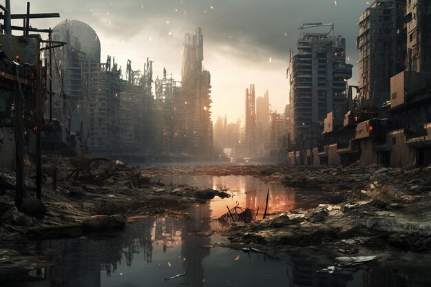 a cidade destruída está queimando Apocalypse Fim do mundo Explosões de fogo ardente