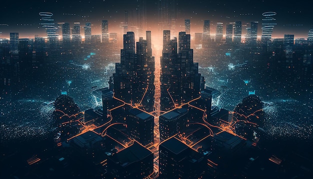 A cidade noturna é conectada por uma rede global Gerada por IA