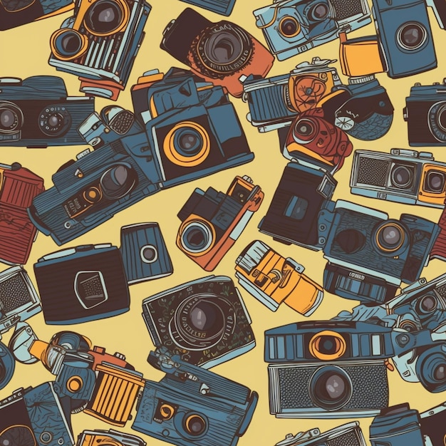 Foto a close up of a bunch of old cameras on a yellow background generative ai