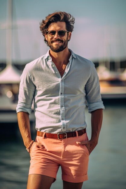 Foto a closeup stock photo of a man wearing light blue shirt and pink shorts standing on the dock