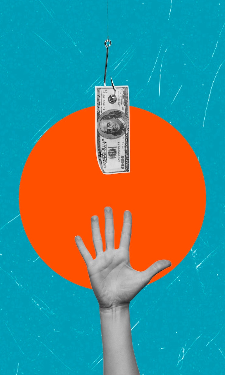 Foto a colagem artística moderna retrata um dólar em um gancho com uma mão alcançando o dinheiro
