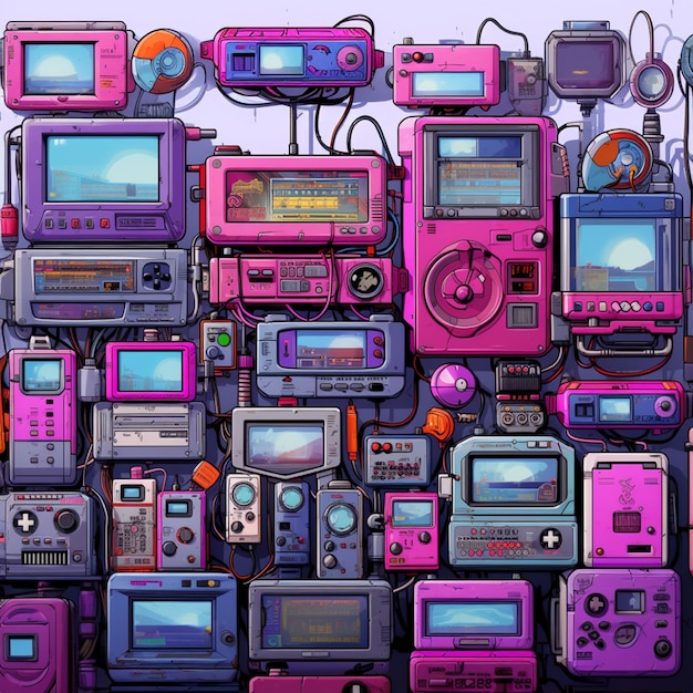 A coleção de consoles de jogos está disposta sobre um fundo roxo no estilo de cenas nostálgicas e estética vintage colorida