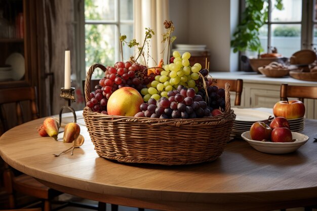 A colheita abundante Uma cesta abundante de maçãs e uvas adornando uma mesa de jantar de cozinha