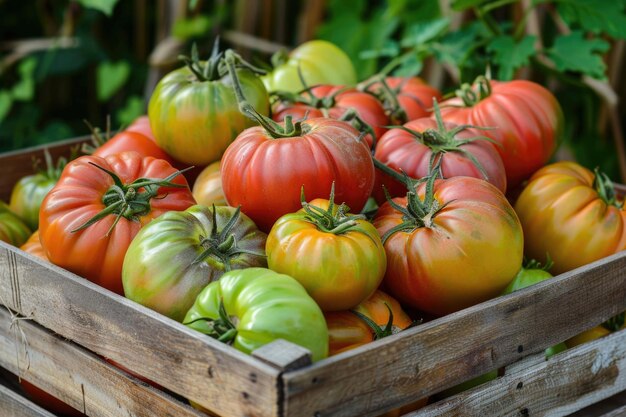 A colheita de tomates frescos maduros numa caixa