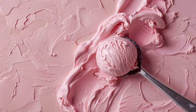Foto a colher de gelado a apanhar o morango rosa.