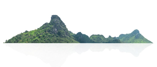 A colina da montanha rochosa com floresta verde isola no fundo branco