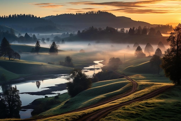 Foto a colorful sunrise over a misty valley with rollin