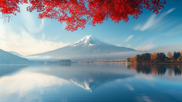 A colorida estação de outono e a montanha Fuji com nevoeiro matinal e folhas vermelhas