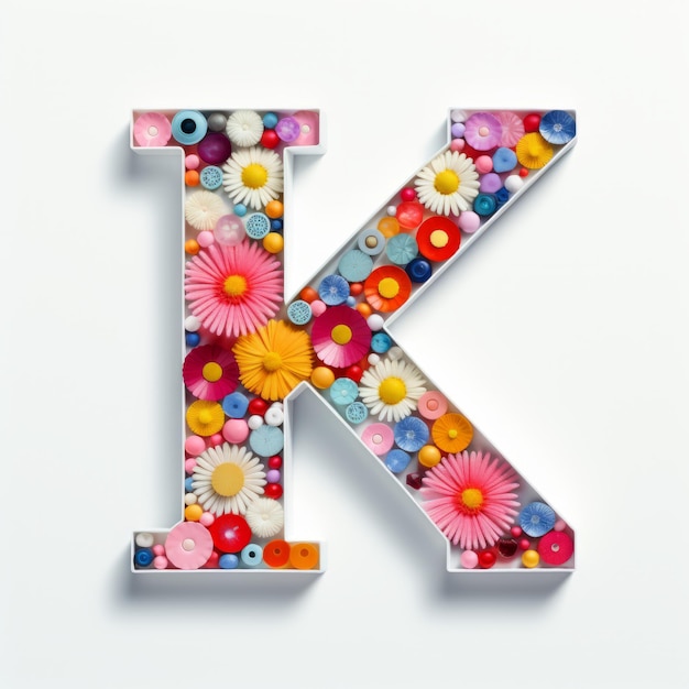 A colorida letra K do alfabeto feita com botões e flores