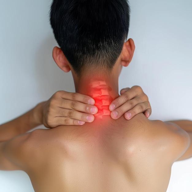 A coluna vertebral do homem com dor no pescoço contra um fundo branco oferece uma visão clara para a consciência