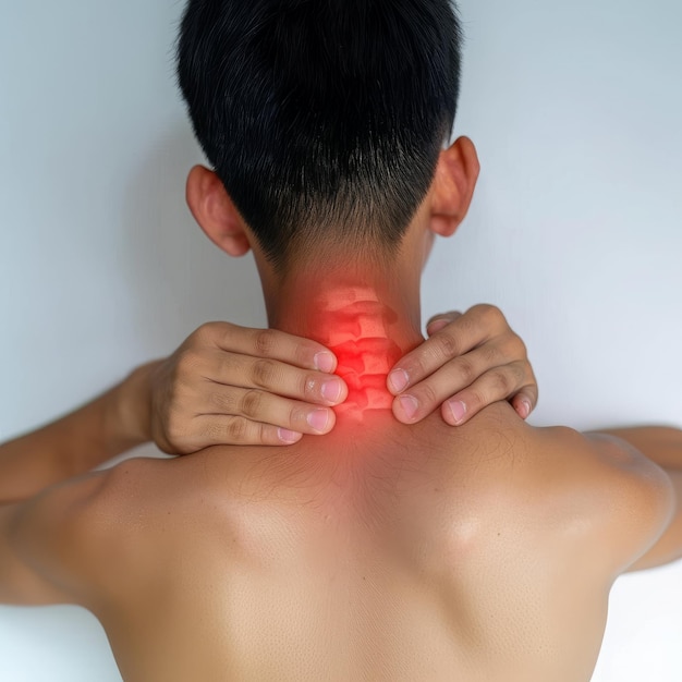 Foto a coluna vertebral do homem com dor no pescoço contra um fundo branco oferece uma visão clara para a consciência