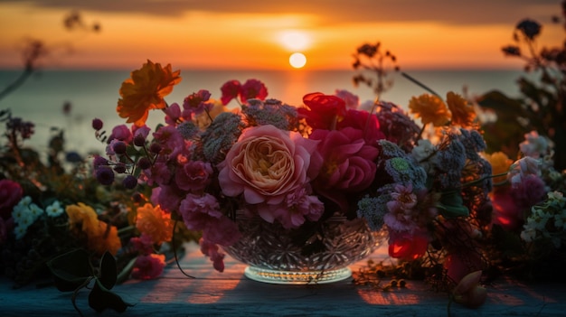 A combinação perfeita de flores deslumbrantes e um belo pôr do sol