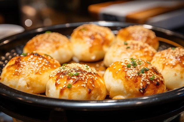 A comida de rua coreana popular é pão de alho e queijo feito com pão, creme de queijo, alho e oregan