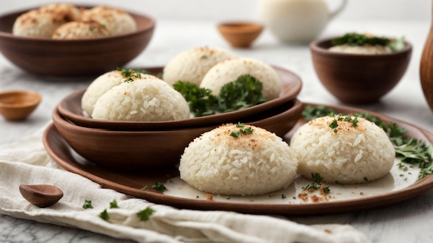 A comida do sul da Índia mostra a simplicidade e a elegância de Idlis com uma foto profissional capturando o suave