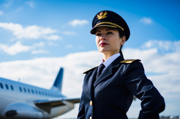 A comissária de bordo confiante em uniforme de pé contra o pano de fundo de um avião com bagagem